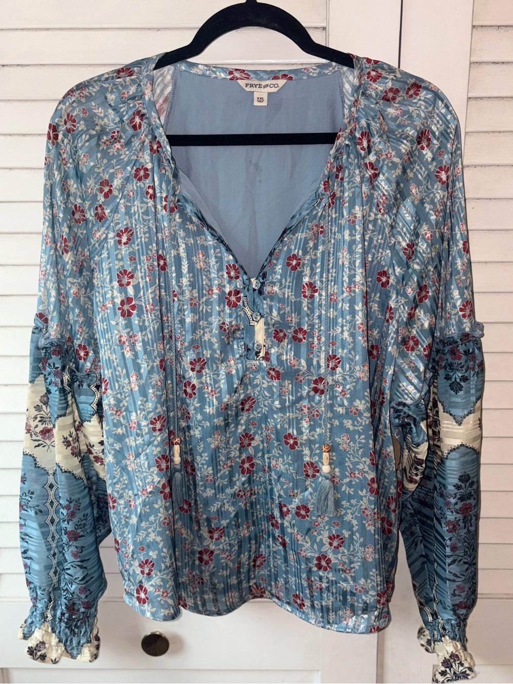 Frye and Co Floral Boho Bell Sleeve Blouse Blue Burgundy Plus Size XXL - Picture 2 of 8